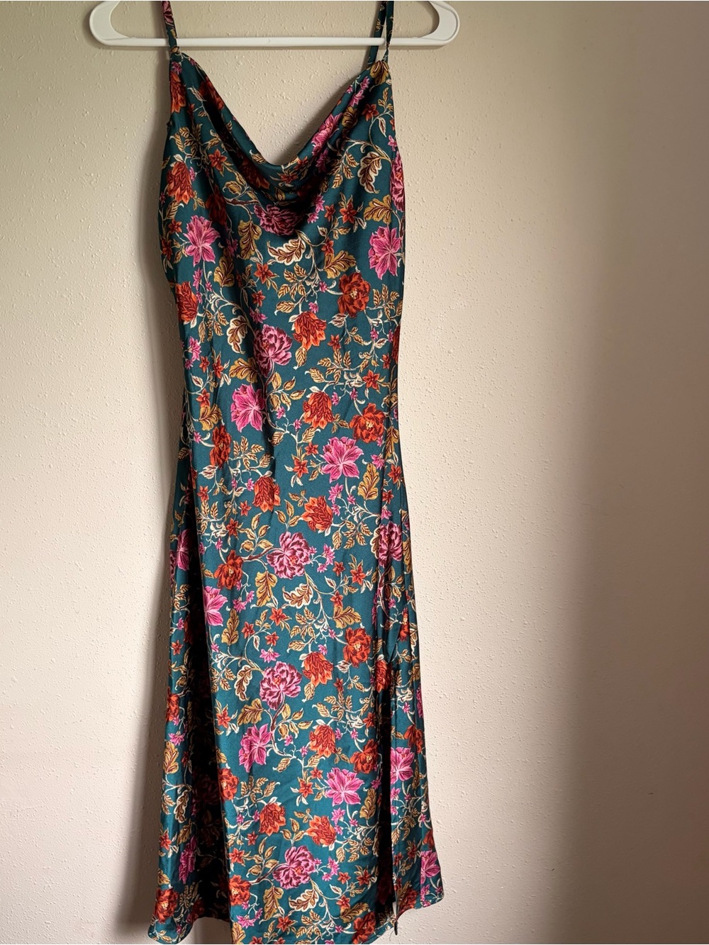 Inspired Hearts Teal Floral Cowl Slip Dress with Pink and Red Blooms